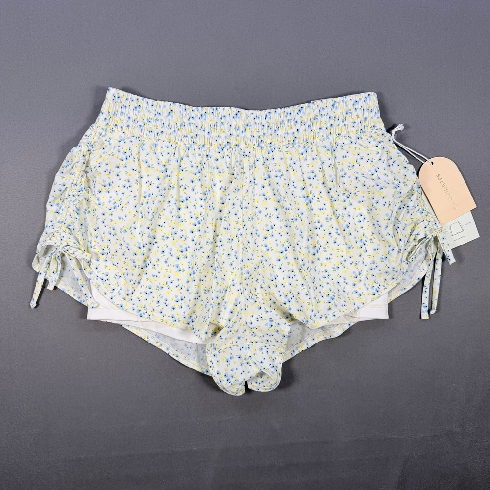 Blogilates Womens L White Floral Nylon Spandex Ruched Side Tie 2-in-1 Gym Shorts